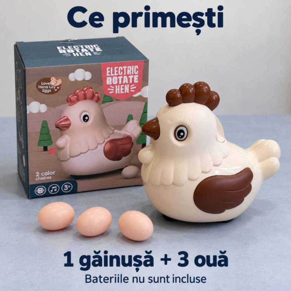 Conținutul setului: o găinușă muzicală și trei ouă de jucărie, cu ambalajul original