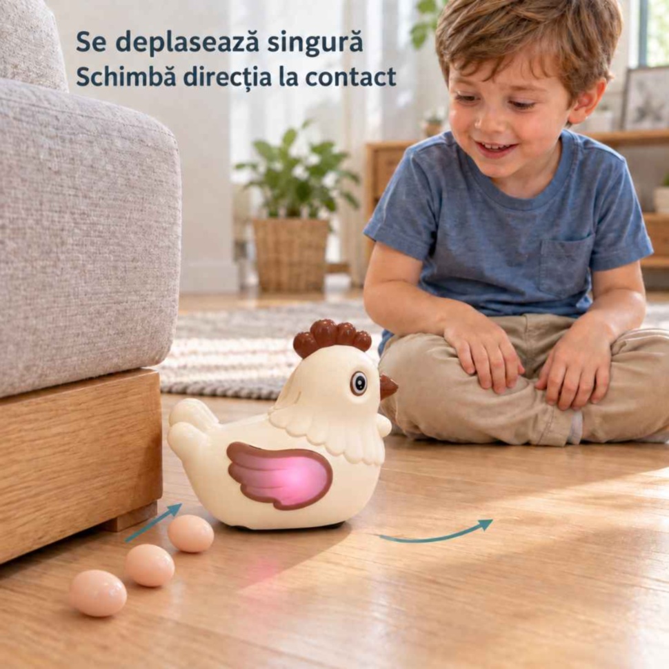 Copil urmărește găinușa cu funcția Bump & Go, care schimbă direcția la contact cu un obstacol