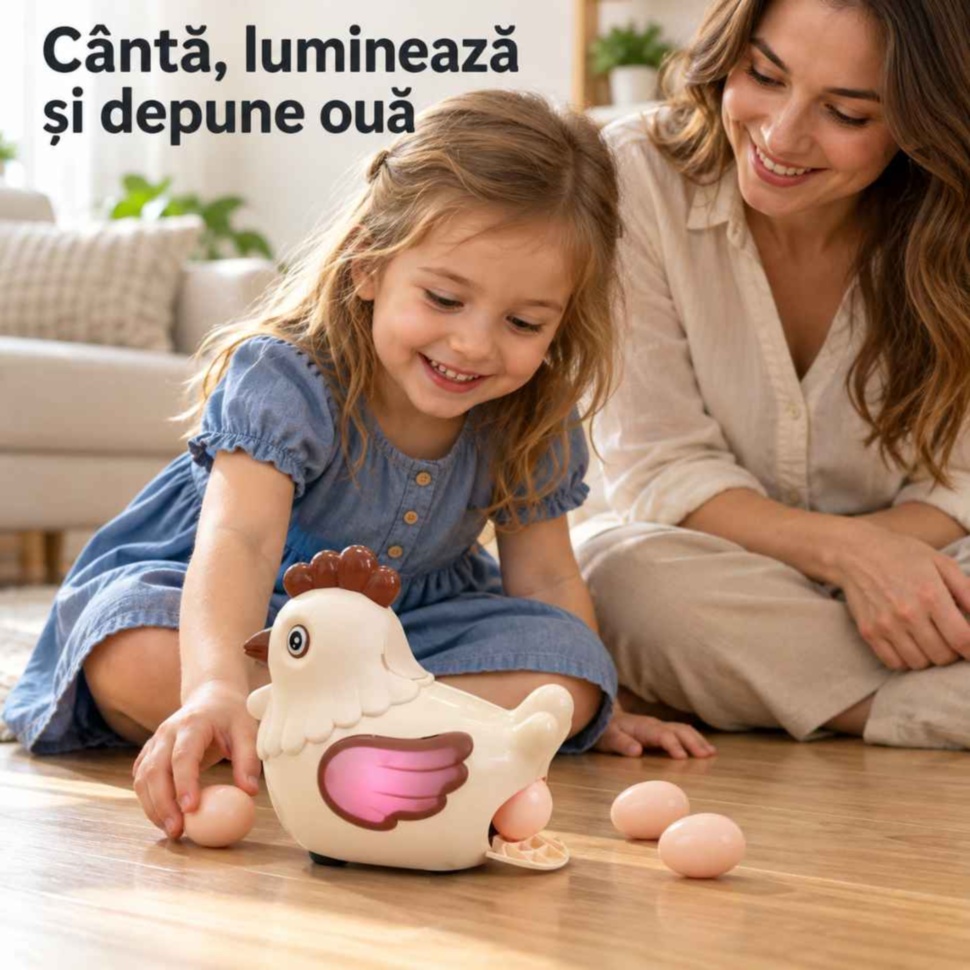 Mamă și fetiță se joacă împreună cu găinușa muzicală și cele trei ouă