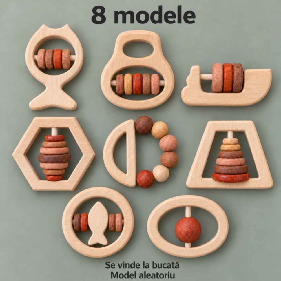 Prezentarea celor 8 variante de zornăitoare din lemn, cu vânzare la bucată și model aleatoriu
