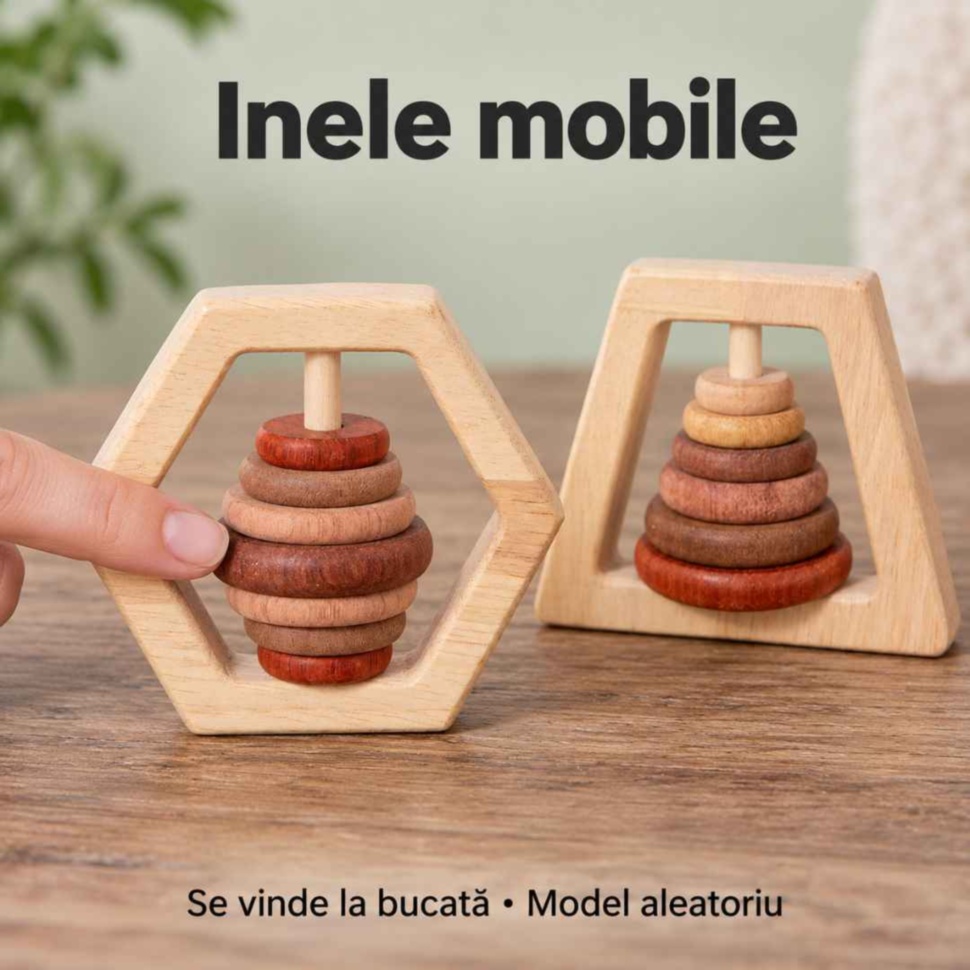 Modele de zornăitoare cu rame geometrice și inele din lemn mobile pe ax