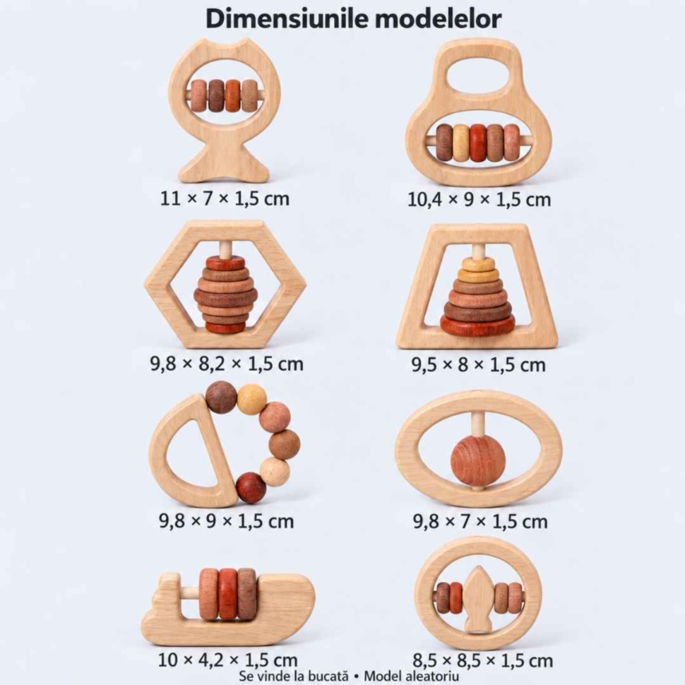 Dimensiunile individuale ale celor 8 modele de zornăitoare din lemn, exprimate în centimetri