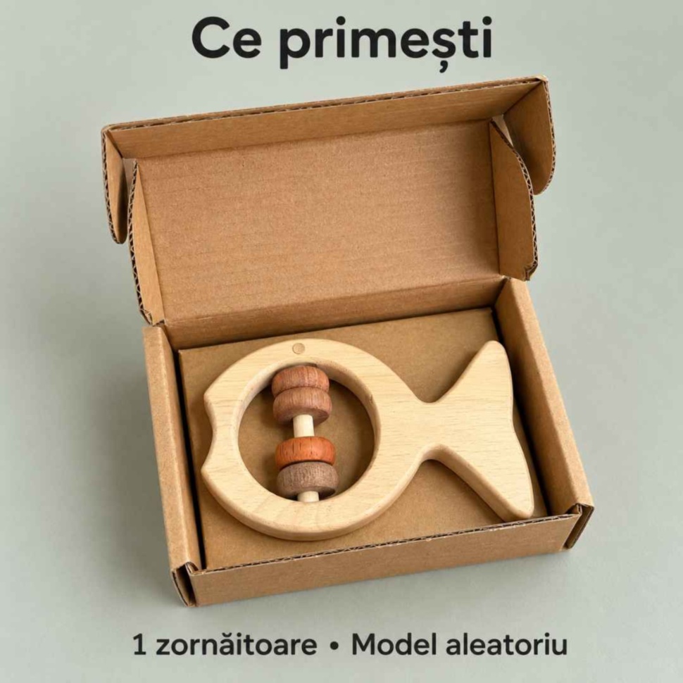 Conținutul pachetului: o singură zornăitoare din lemn, cu model livrat aleatoriu