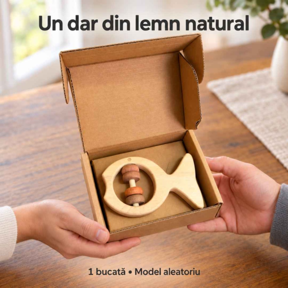 O zornăitoare din lemn în cutie, prezentată ca mic dar; se livrează o bucată, model aleatoriu