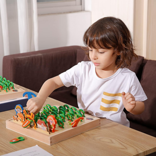 Joc Educativ Montessori din Lemn – Recolta de Morcovi cu Litere și Cifre