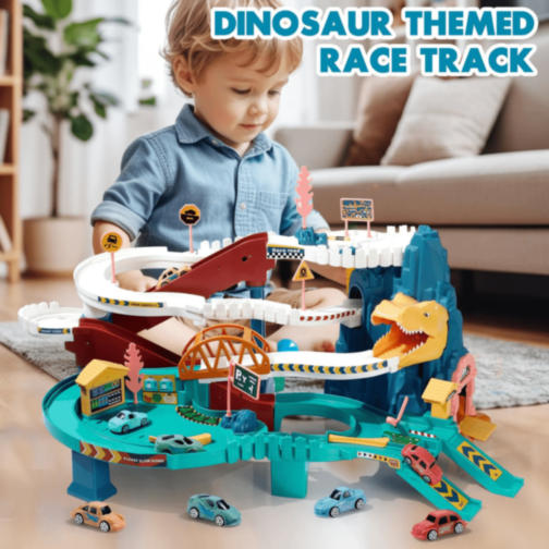 Pistă Dinozaur Interactivă cu 4 Mașinuțe Colorate