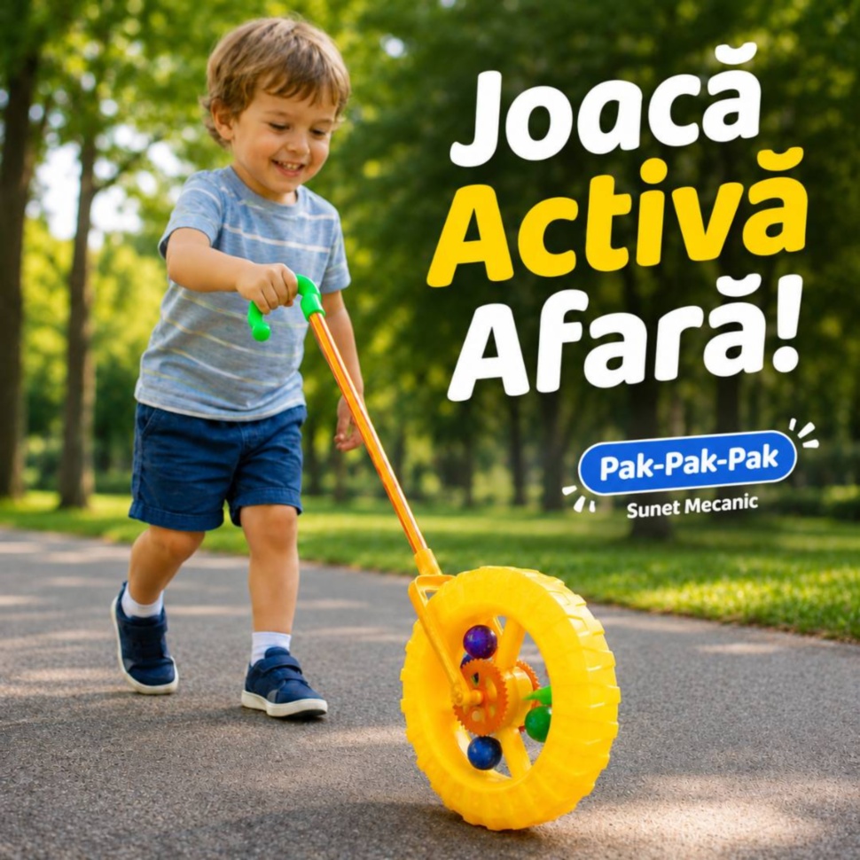 Copil se joacă afară cu roata distractivă verde