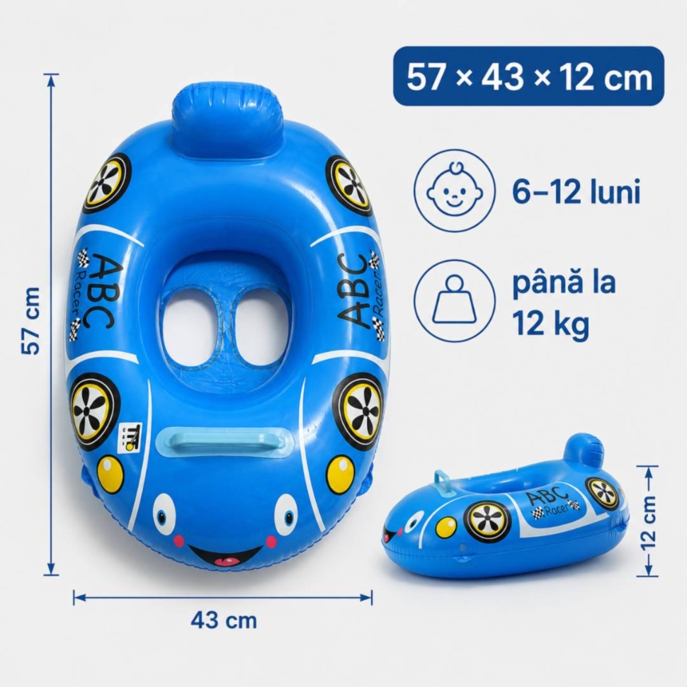 Dimensiuni colac gonflabil pentru bebeluși 57 × 43 × 12 cm și greutate indicată până la 12 kg