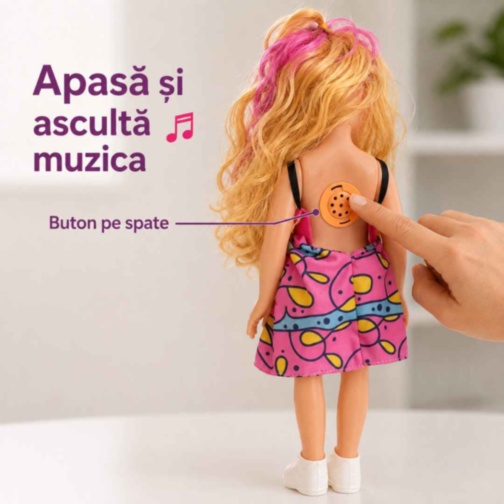 Păpușă muzicală de 40 cm, cu rochie colorată