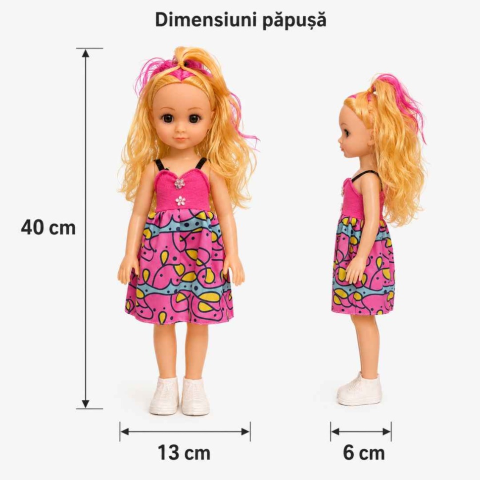 Dimensiunile păpușii FAD Girl de 40 pe 13 pe 6 cm