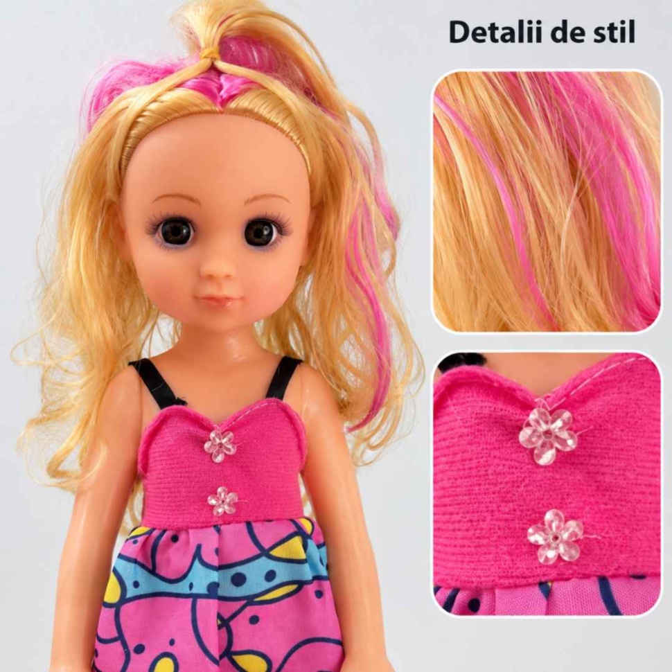 Detalii ale părului cu șuvițe roz și ale rochiei păpușii FAD Girl