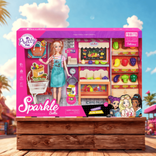 Set Păpușă Sparkle Bella cu Stand Fructe Jucărie