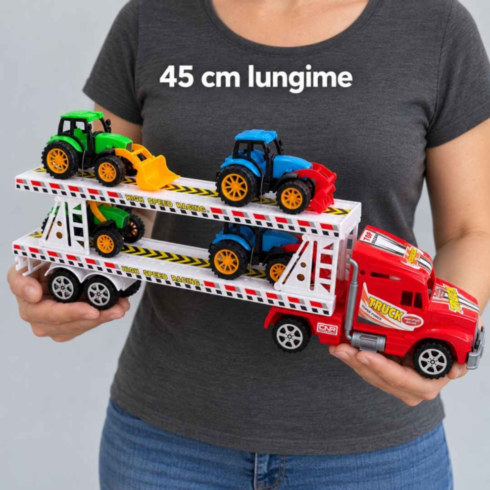 Camion transportor de 45 cm cu patru tractorașe, ținut în mâini pentru a arăta dimensiunea reală
