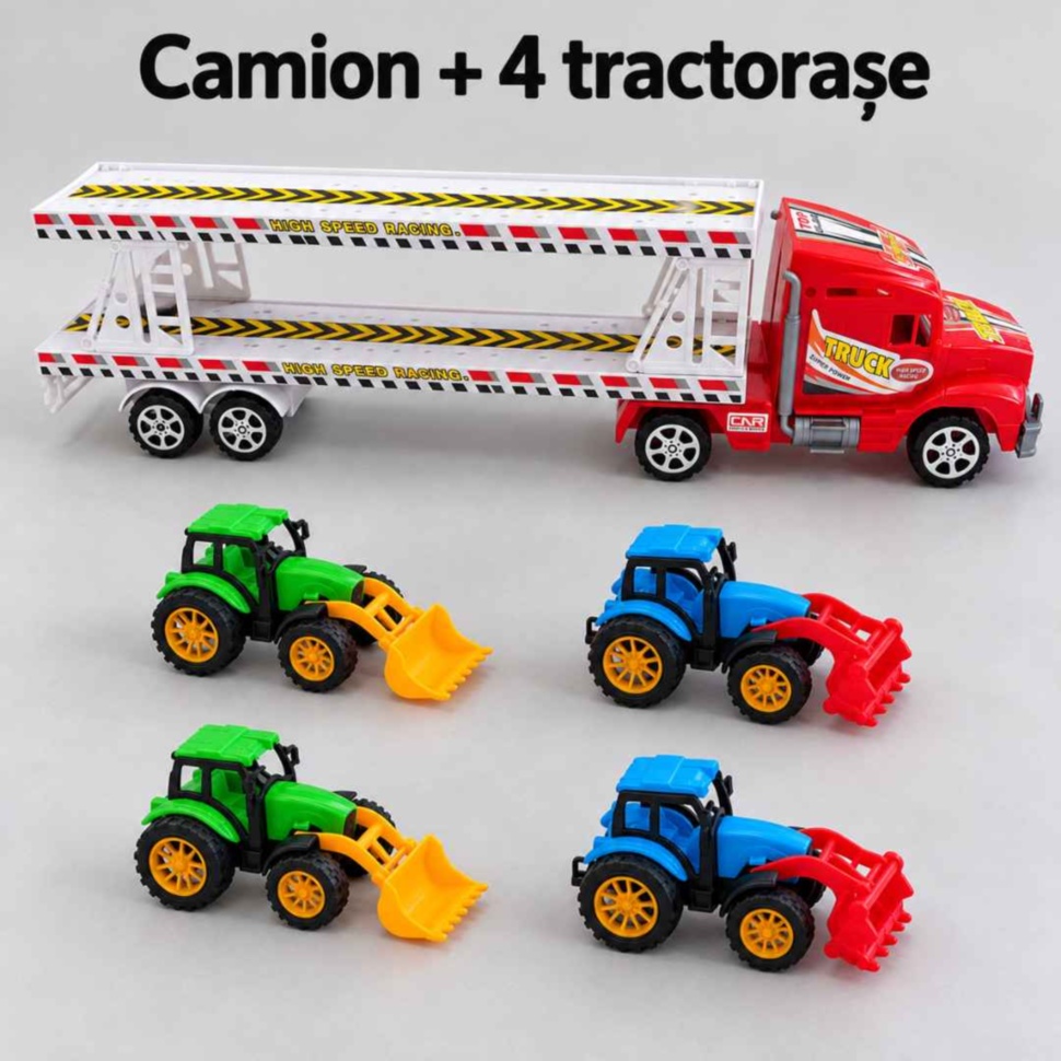 Conținutul setului: un camion transportor cu două niveluri și patru tractorașe separate