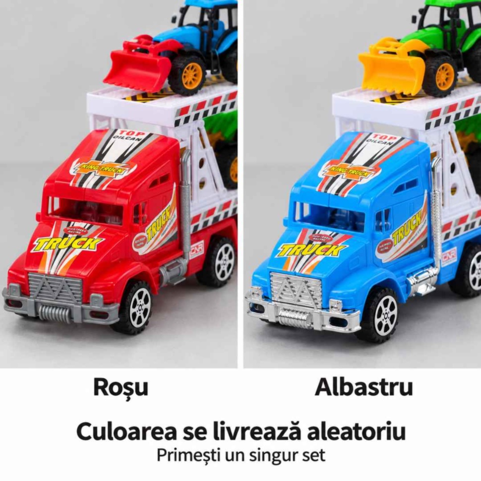 Camion transportor cu cabină roșie sau albastră; culoarea se livrează aleatoriu și pachetul conține un singur set