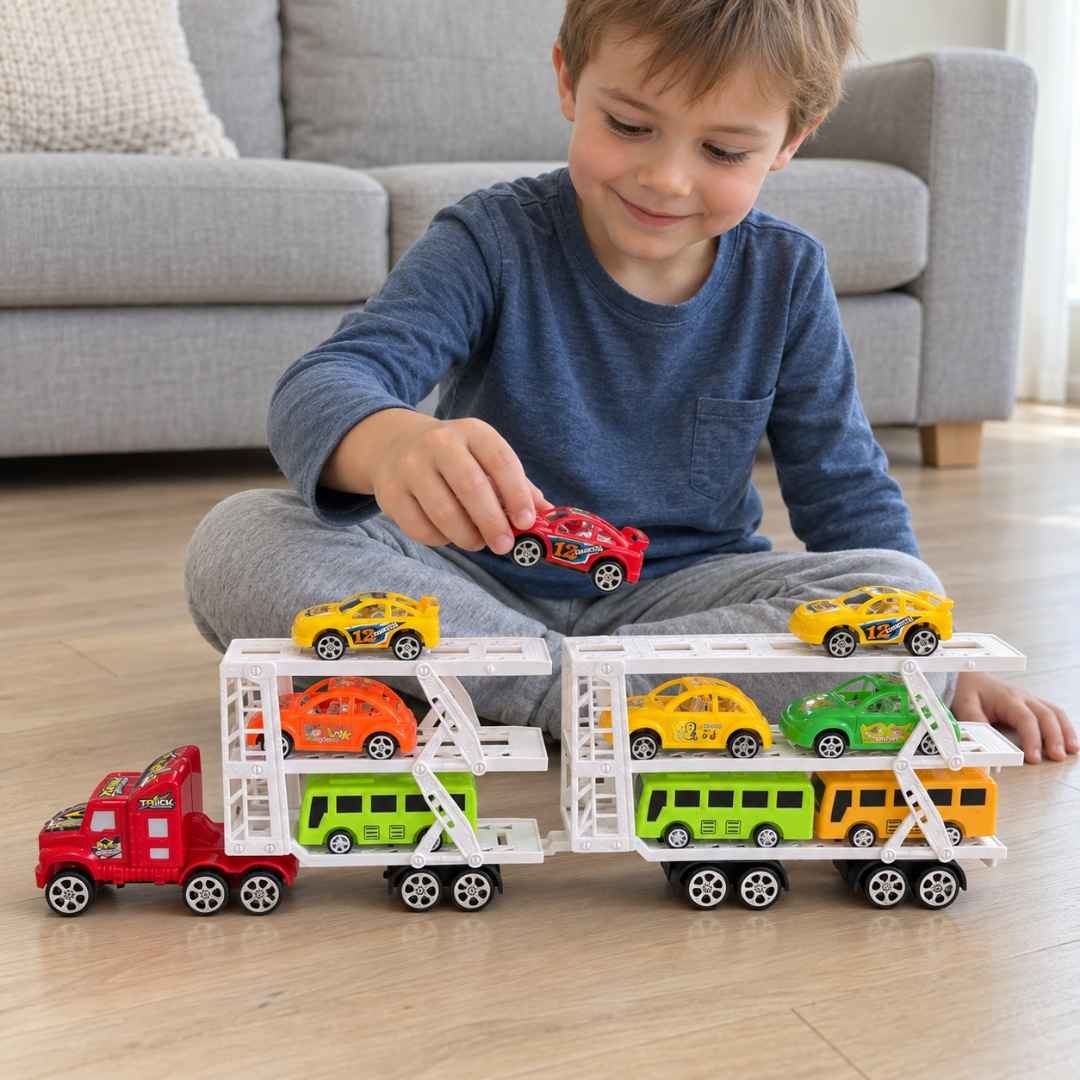 Copil așază o mașinuță roșie pe nivelul superior al camionului transportor
