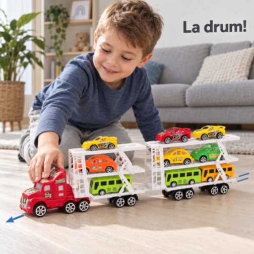 Camion transportor de jucărie cu 9 vehicule incluse