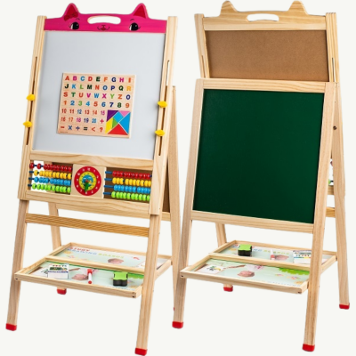 Tablă Educativă Pliabilă din Lemn | Design Pisicuță, Suprafață Dublă Magnetică și Creta | image