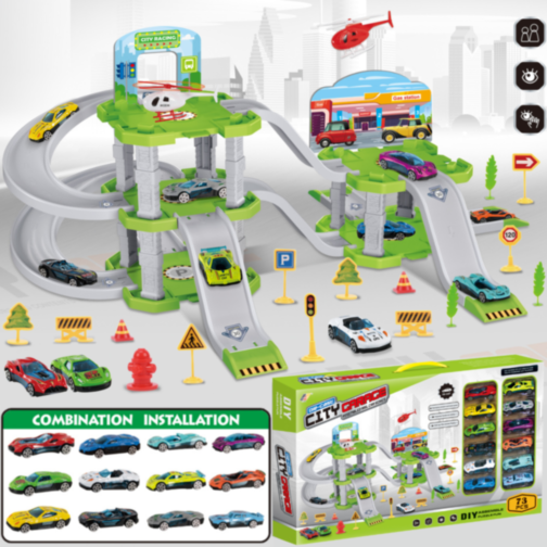 Parcare Multietajată City Garage cu Piste și 12 Mașinuțe, Set de 73 Piese