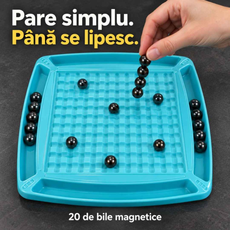 Joc de strategie cu tablă turcoaz și 20 de bile magnetice care se pot uni în timpul unei mutări
