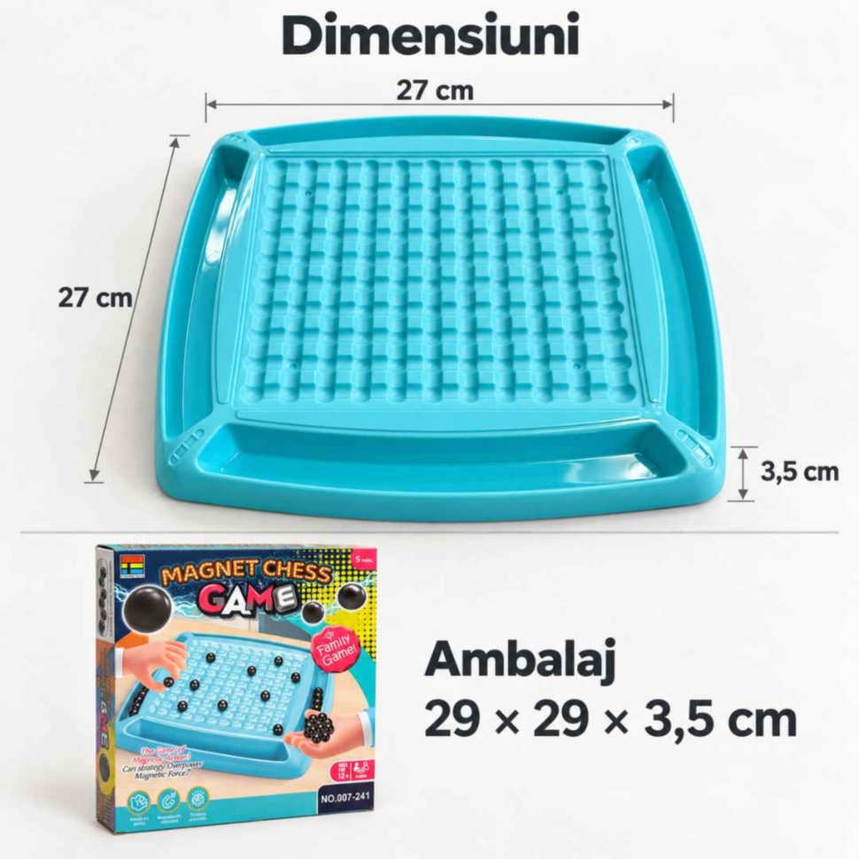 Dimensiuni: tablă de joc de 27 × 27 × 3,5 cm și ambalaj de 29 × 29 × 3,5 cm