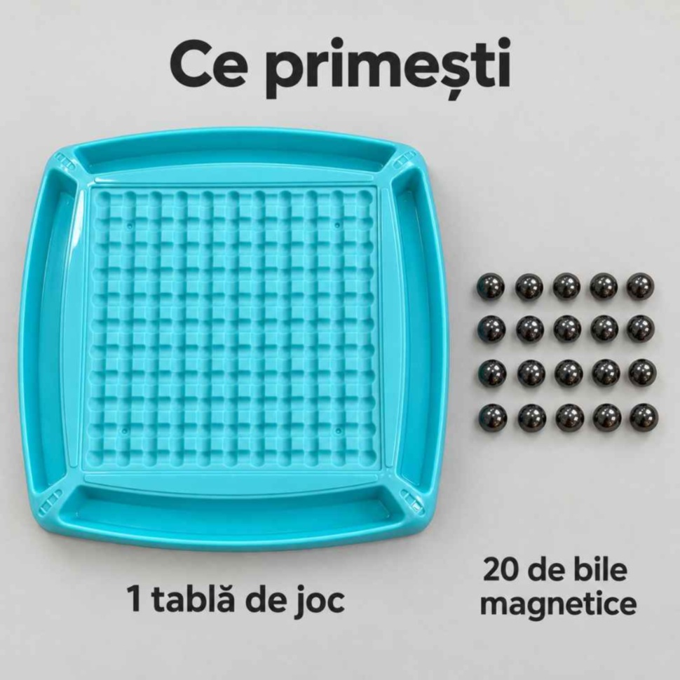 Conținutul jocului: o tablă turcoaz și 20 de bile magnetice așezate separat