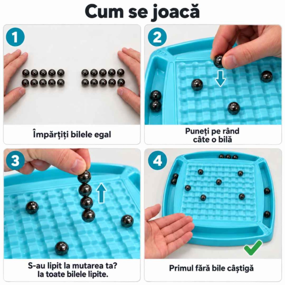 Regulile jocului magnetic în patru pași: împărțirea bilelor, așezarea pe rând, preluarea bilelor lipite și câștigarea partidei