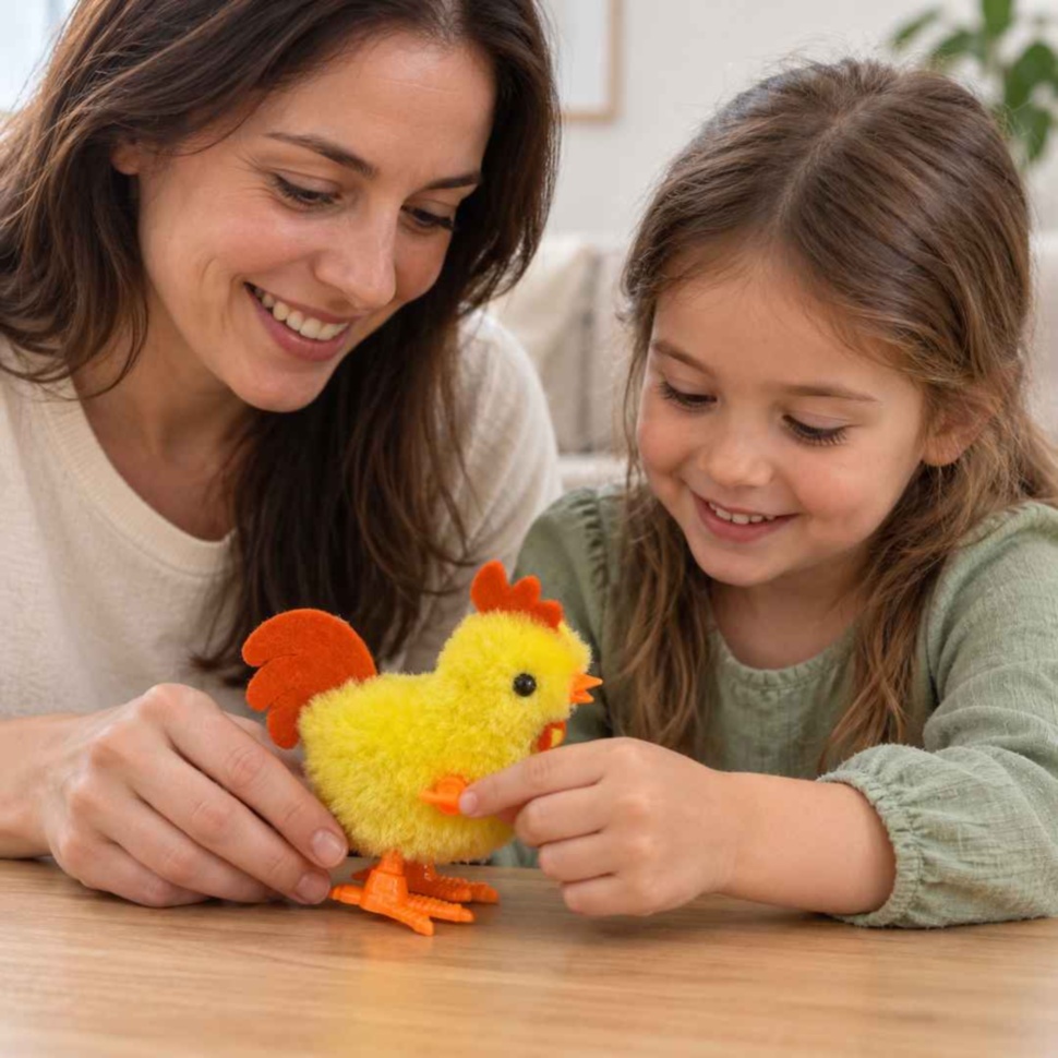 Mamă și fetiță învârt împreună cheița cocoșelului galben la o masă de joacă