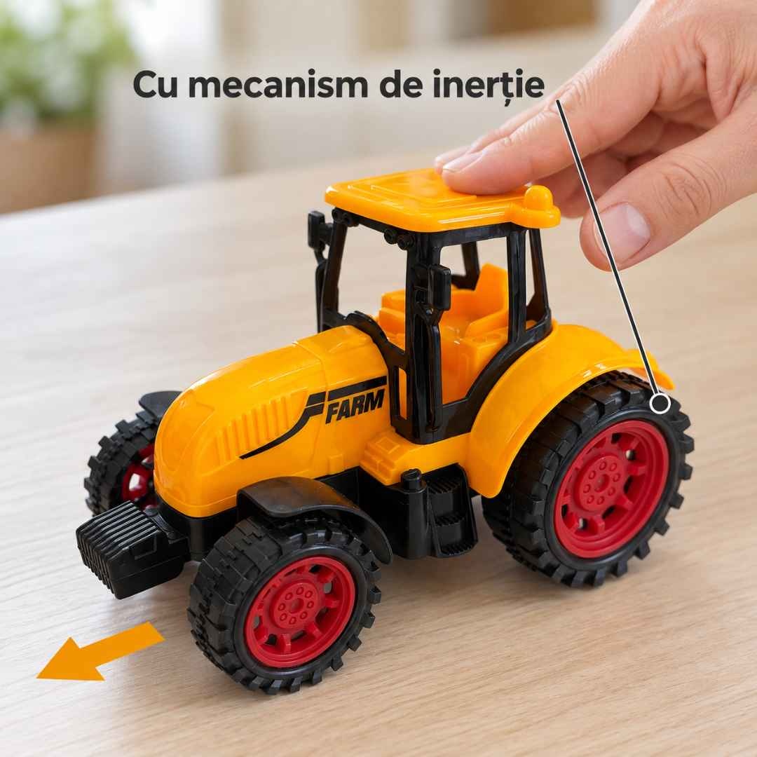 Tractor de jucărie galben cu mecanism de inerție, pus în mișcare prin împingere
