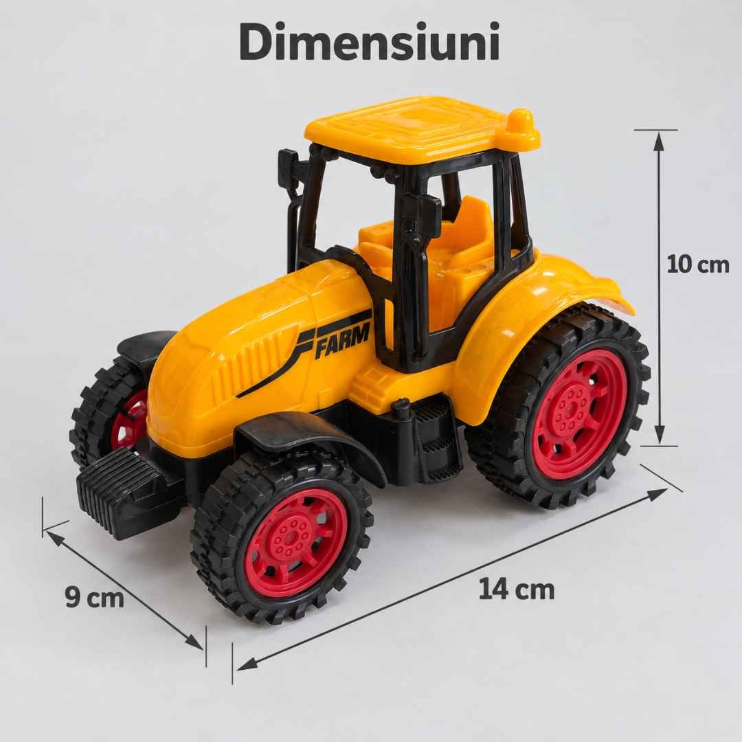 Dimensiunile tractorului: 14 cm lungime, 9 cm lățime și 10 cm înălțime