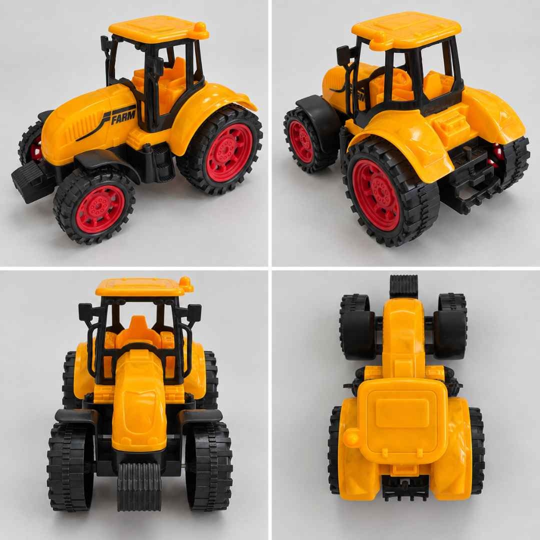 Tractorul de jucărie prezentat din față, din spate și de sus, în patru unghiuri