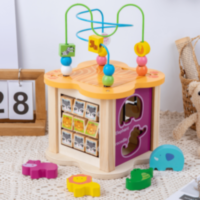Cub Educativ din Lemn 6 în 1 – Labirint cu Mărgele, Animale, Numere și Forme | image