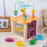 Cub Educativ din Lemn 6 în 1 – Labirint cu Mărgele, Animale, Numere și Forme