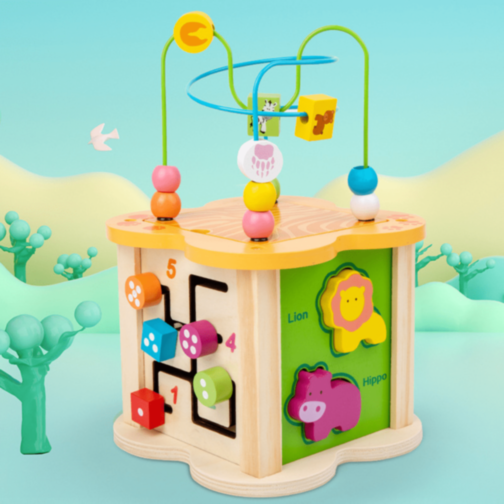 Cub Educativ din Lemn 6 în 1 – Labirint cu Mărgele, Animale, Numere și Forme