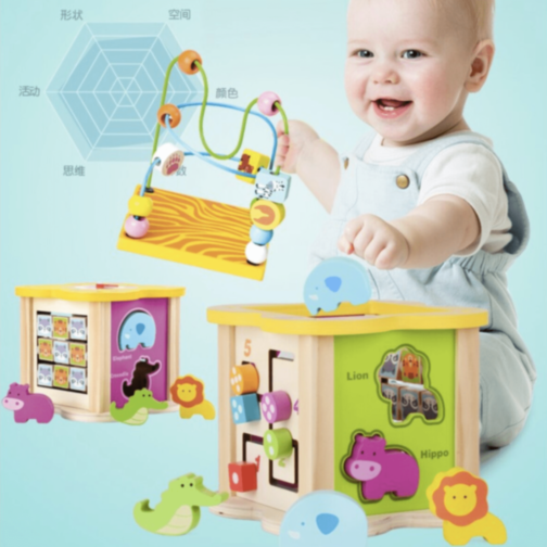 Cub Educativ din Lemn 6 în 1 – Labirint cu Mărgele, Animale, Numere și Forme