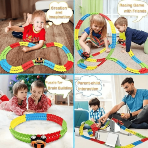 Circuit Flexibil 3D cu 1buc. Mașinuță Luminoasă și Piese Colorate