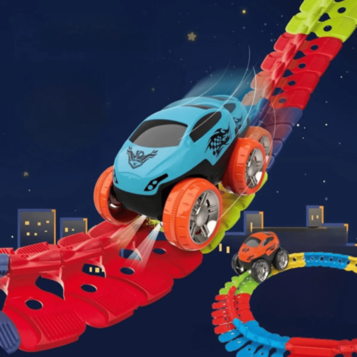 Circuit Flexibil 3D cu 1buc. Mașinuță Luminoasă și Piese Colorate