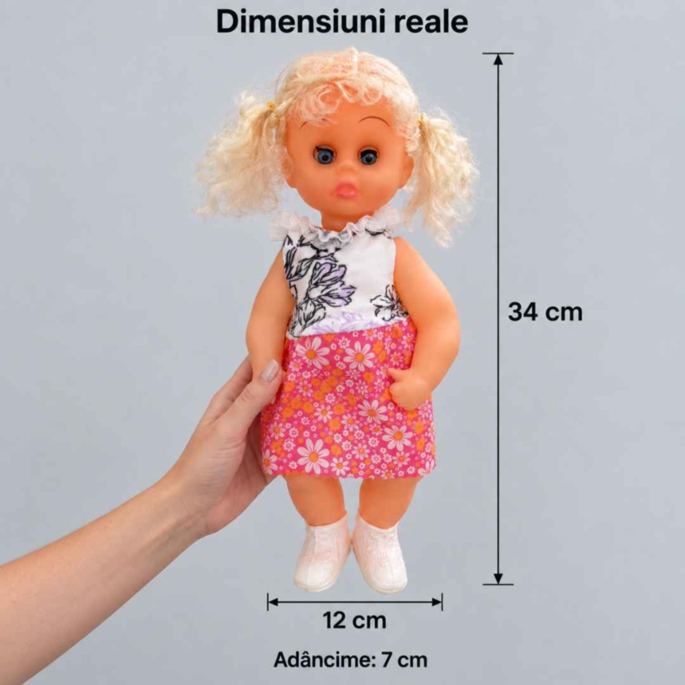 Dimensiunile păpușii: 34 cm înălțime, 12 cm lățime și 7 cm adâncime, ilustrate în mâna unui adult