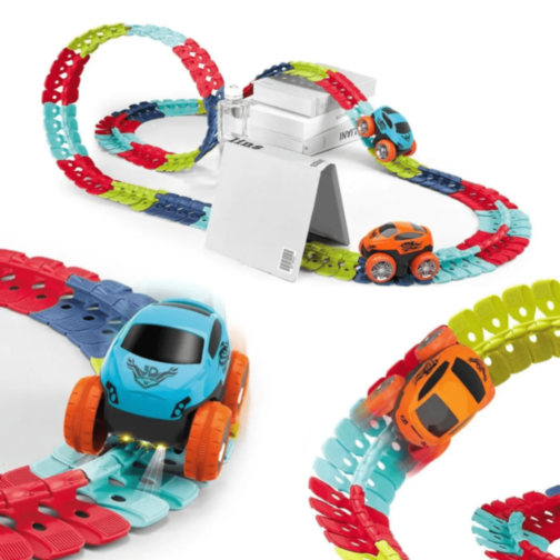 Circuit Flexibil 3D cu 1buc. Mașinuță Luminoasă și Piese Colorate 