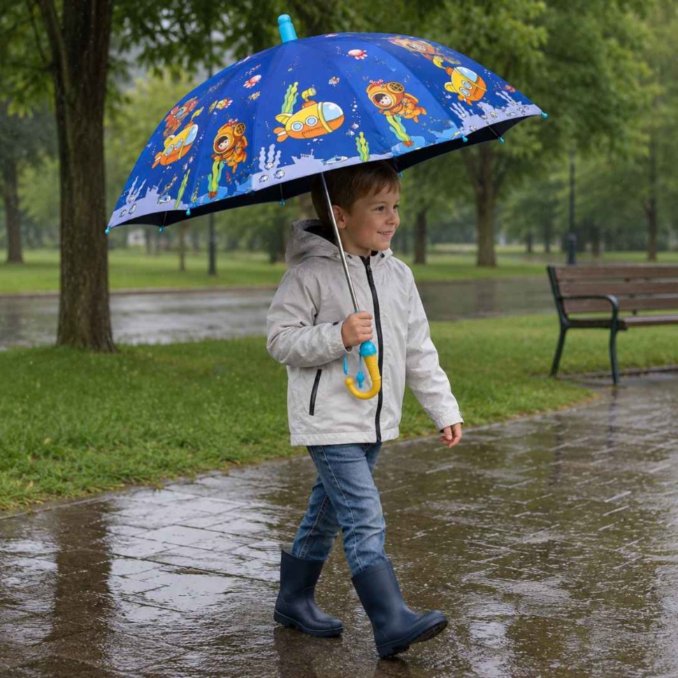 Copil se plimbă prin ploaie cu umbrela albastră cu imprimeu subacvatic