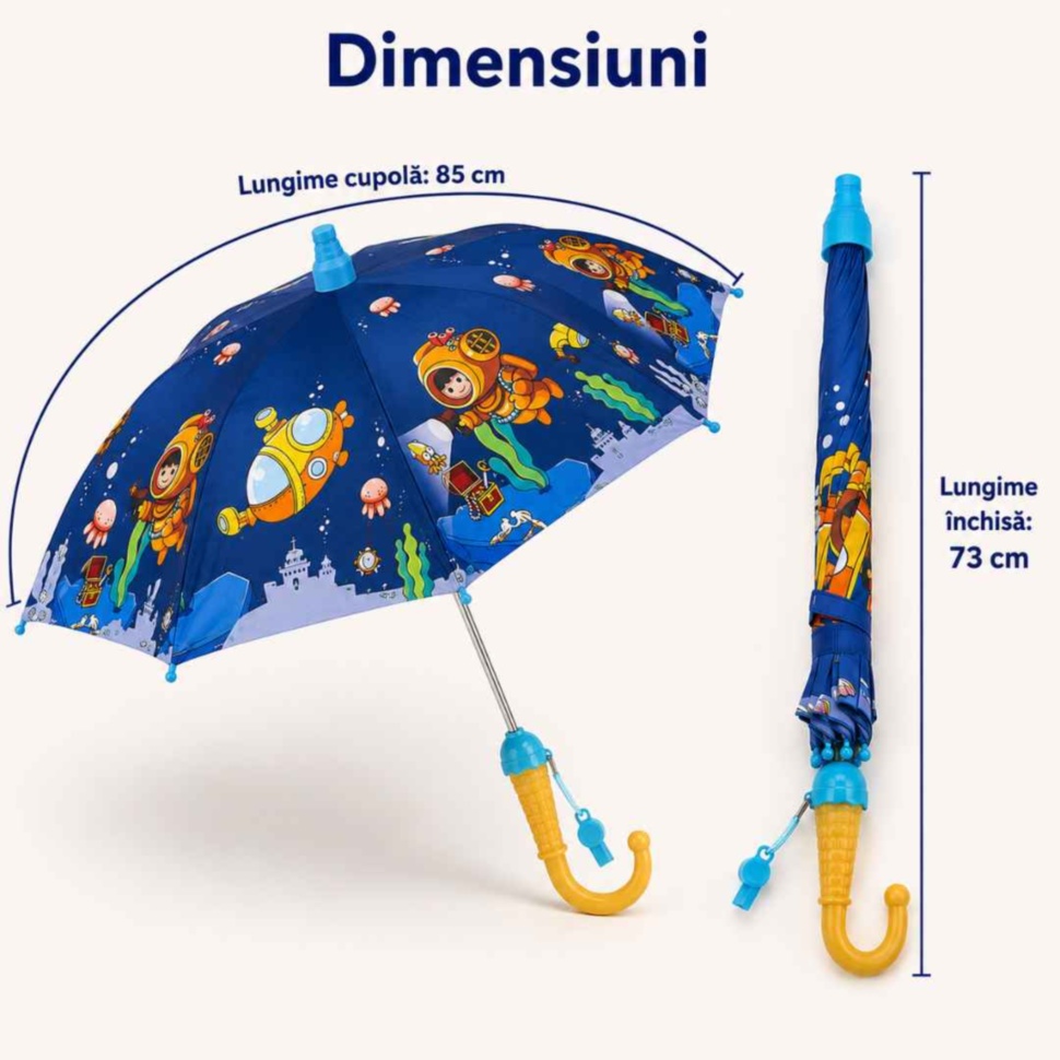 Dimensiunile umbrelei pentru copii: cupolă de 85 cm și lungime închisă de 73 cm