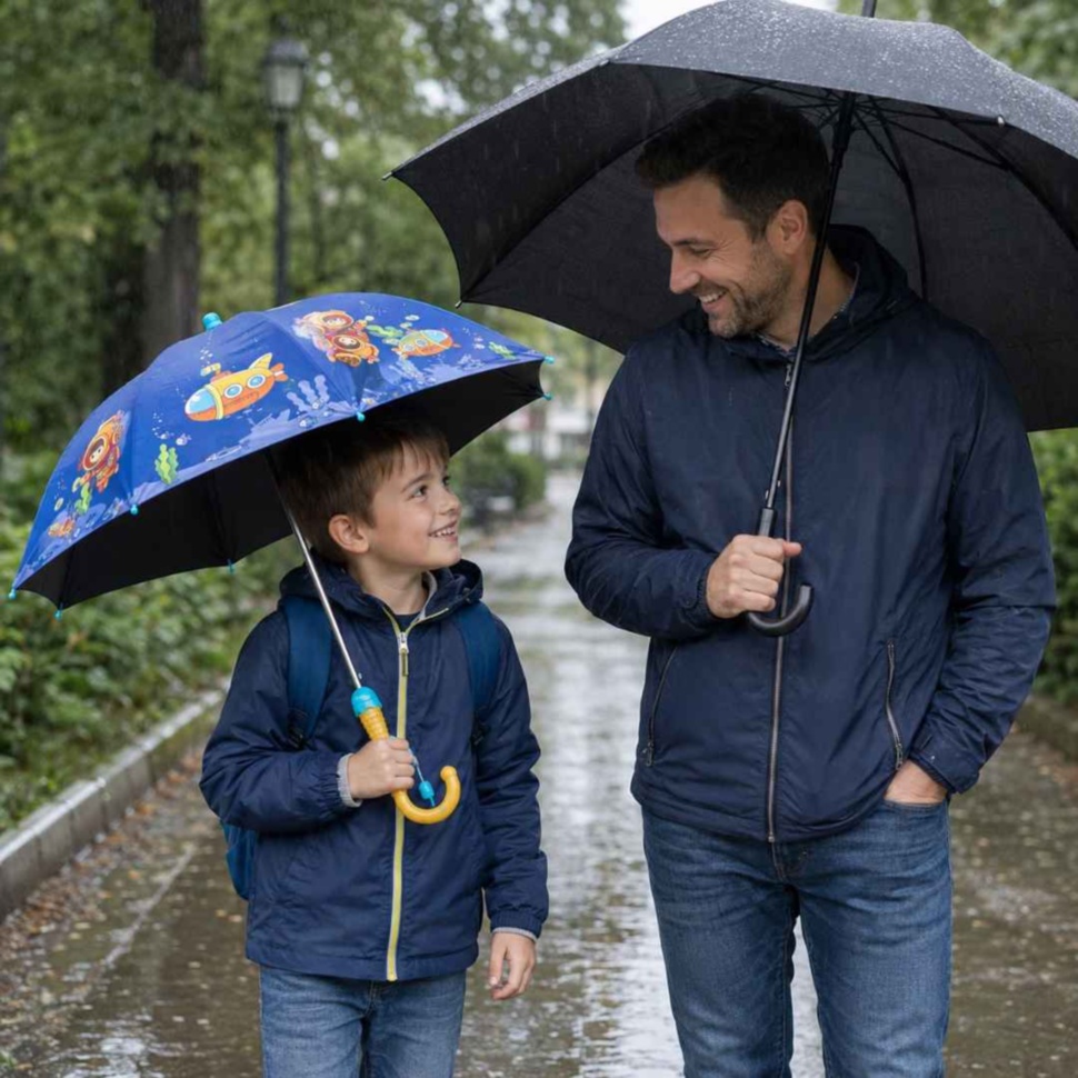 Părinte și copil se plimbă împreună prin ploaie cu umbrelele