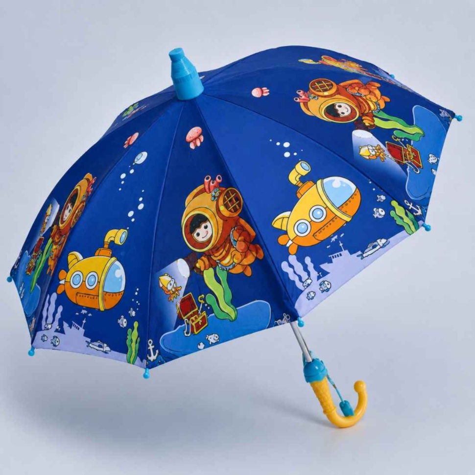 Umbrelă albastră pentru copii cu imprimeu subacvatic, husă telescopică și fluier