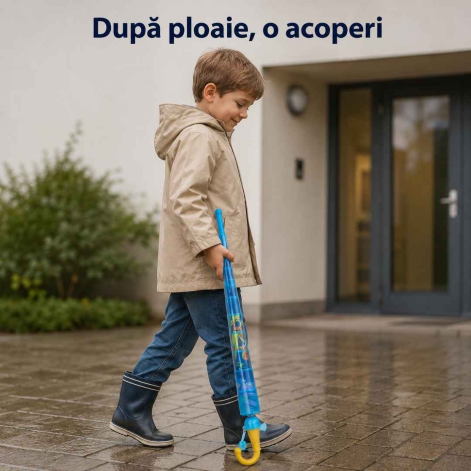 Copil poartă umbrela închisă și acoperită cu husa telescopică după ploaie