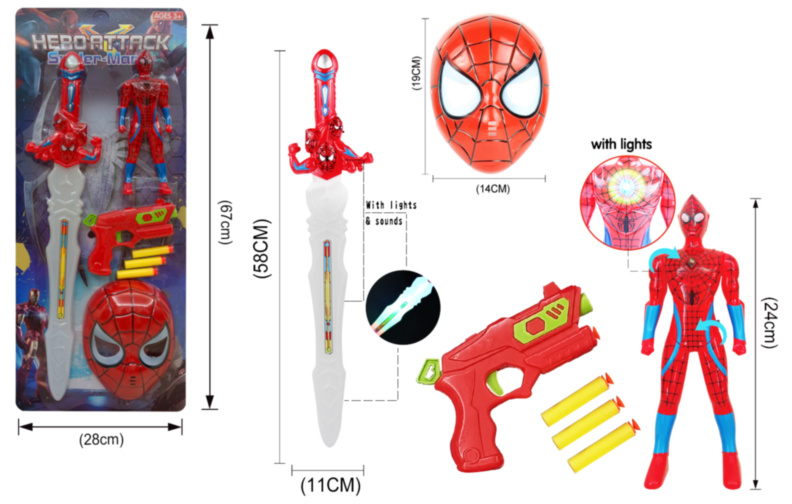 Set Spider Man, Mască, Pistol și Sabia cu Efecte de Sunete și Lumini