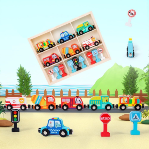 Set Magnetic de Vehicule de Urgență și Semne de Circulație din Lemn