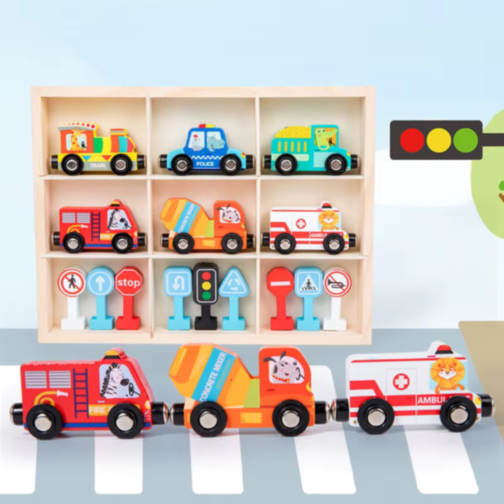 Set Magnetic de Vehicule de Urgență și Semne de Circulație din Lemn