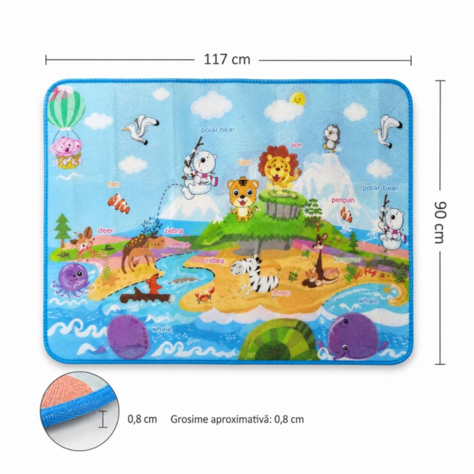 Dimensiunile covorului termic reversibil 117 pe 90 cm și grosime 0.8 cm