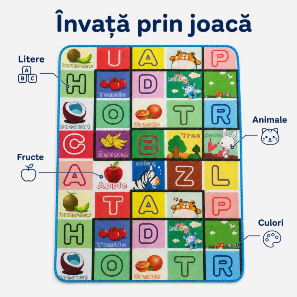 Covor educativ cu litere, fructe, animale și culori
