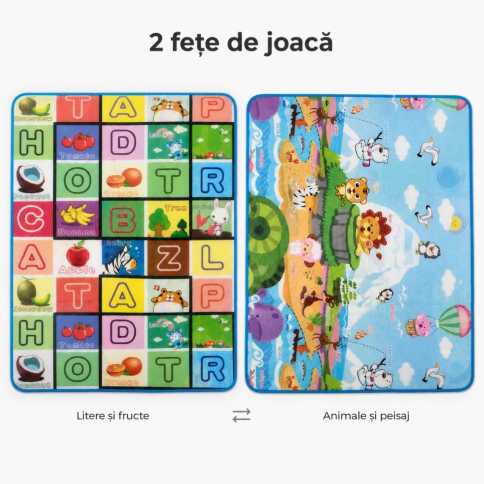 Covor reversibil cu față cu litere și față cu animale